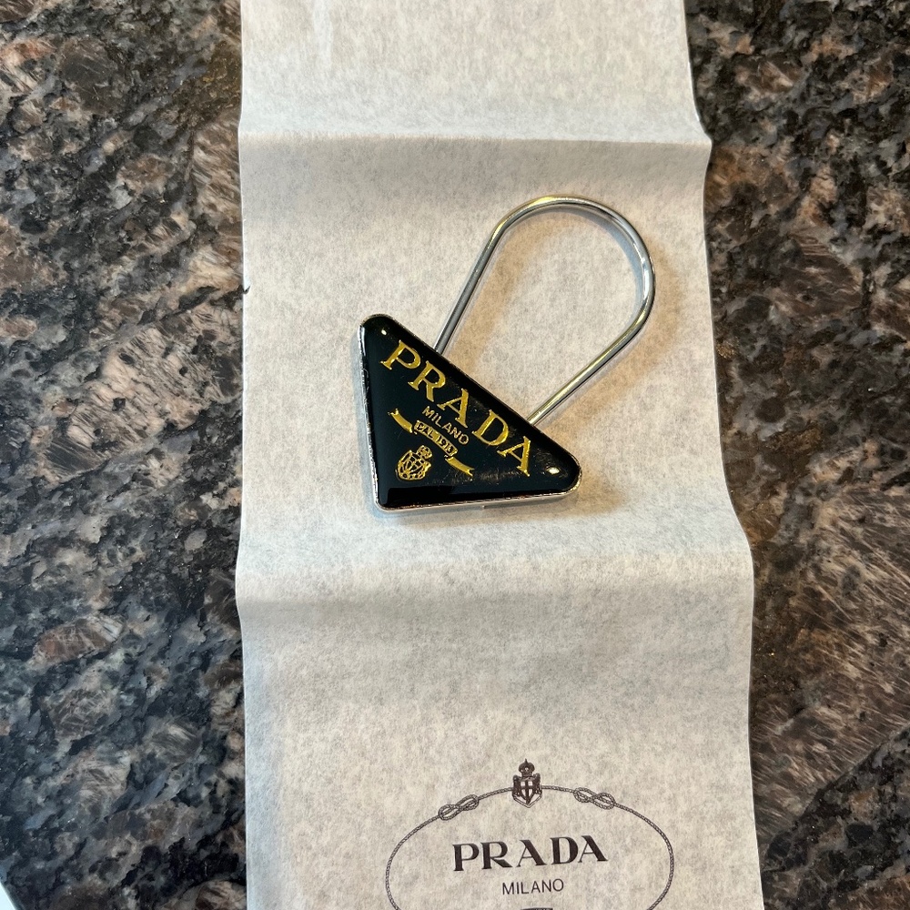 Vintage Prada Milano Black Silver Triangle Logo Metal Keychain Bag Charm, NEW!!!
